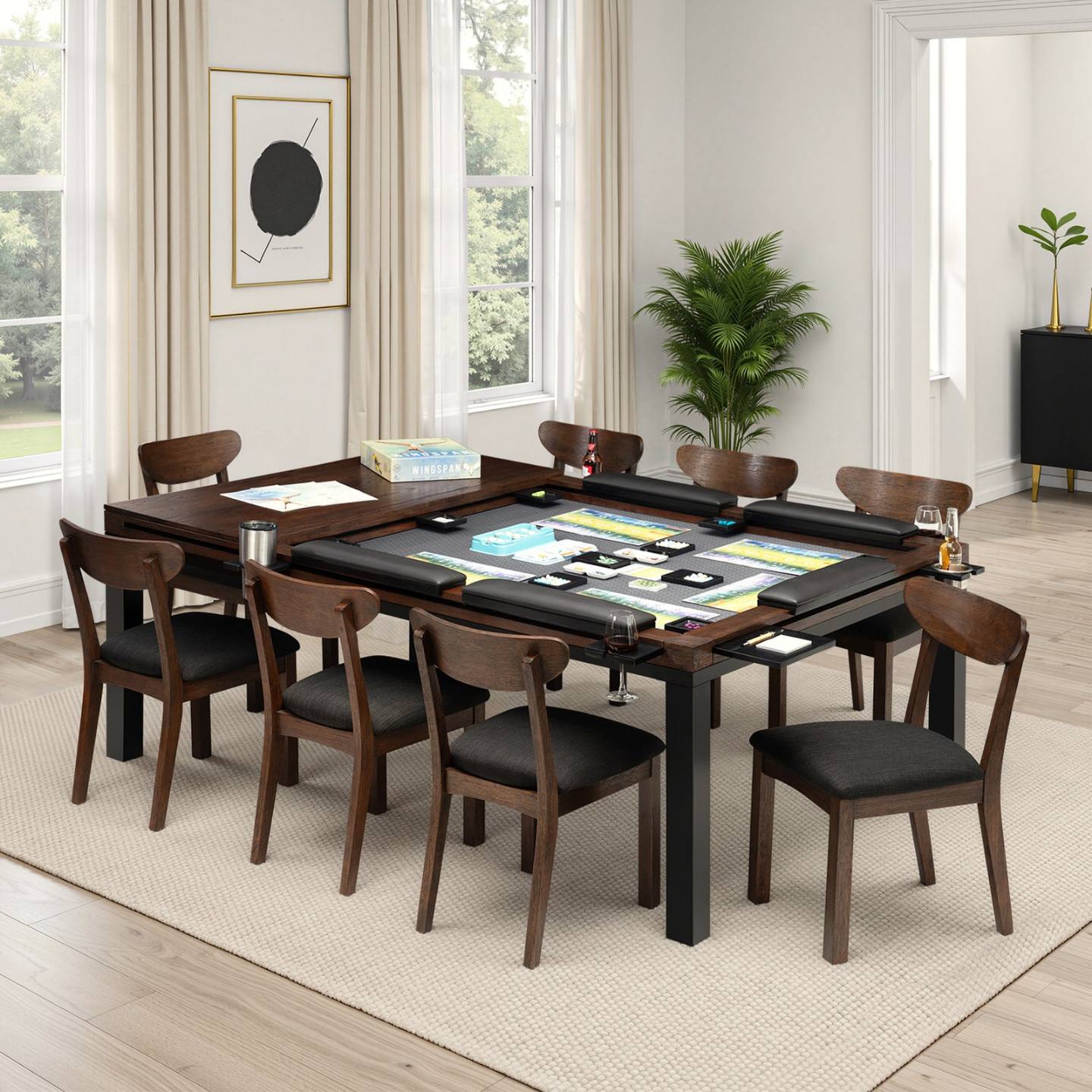 A Pangea gaming table set up mid-game, seen from above